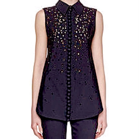 PROENZA Schouler Embroidered Button Down Blouse Cut Out Tie Back Tunic Coastal - Picture 13 of 14